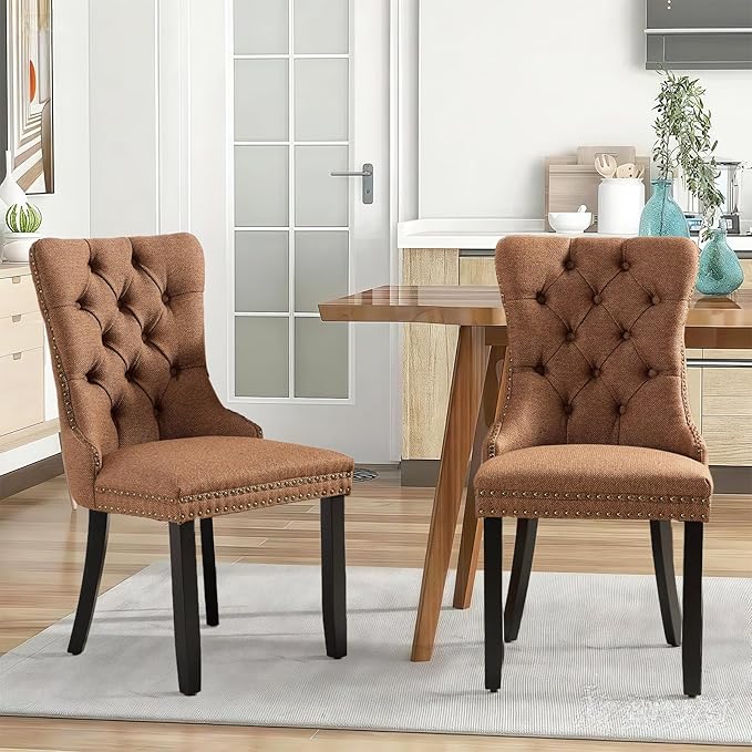 Linen Upholstered Dining Chairs Set of 2, Modern Style Kitchen Side Chairs wi...