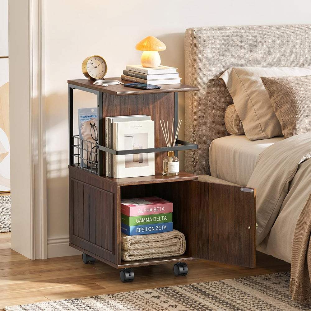 Narrow End Table with Storage Cabinet, Small Side Table with Open Storage Are...
