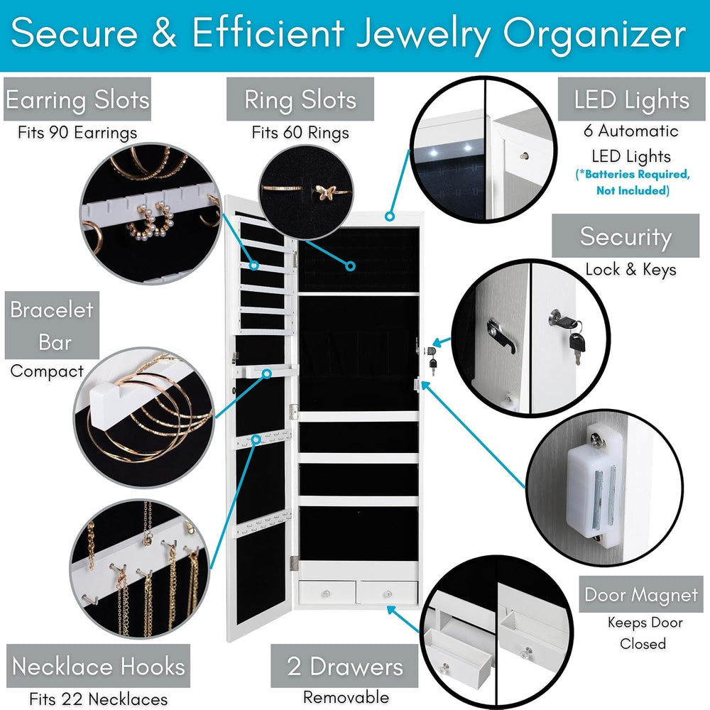 BIRDROCK HOME Hanging Jewelry Organizer - Lockable Storage Cabinet with Body ...