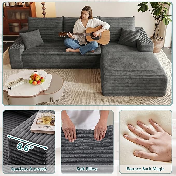 95" Modular Sectional Couch, L Shaped Cloud Sofa with Chaise Lounge, Cor...