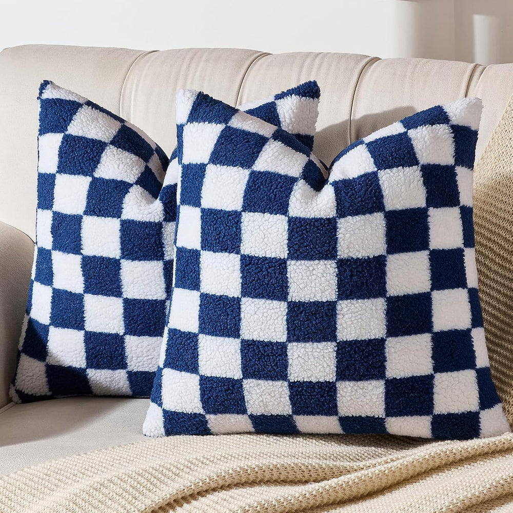 AmHoo 2 Pack Checkerboard Throw Pillow Covers 24x24 Inch Navy Blue