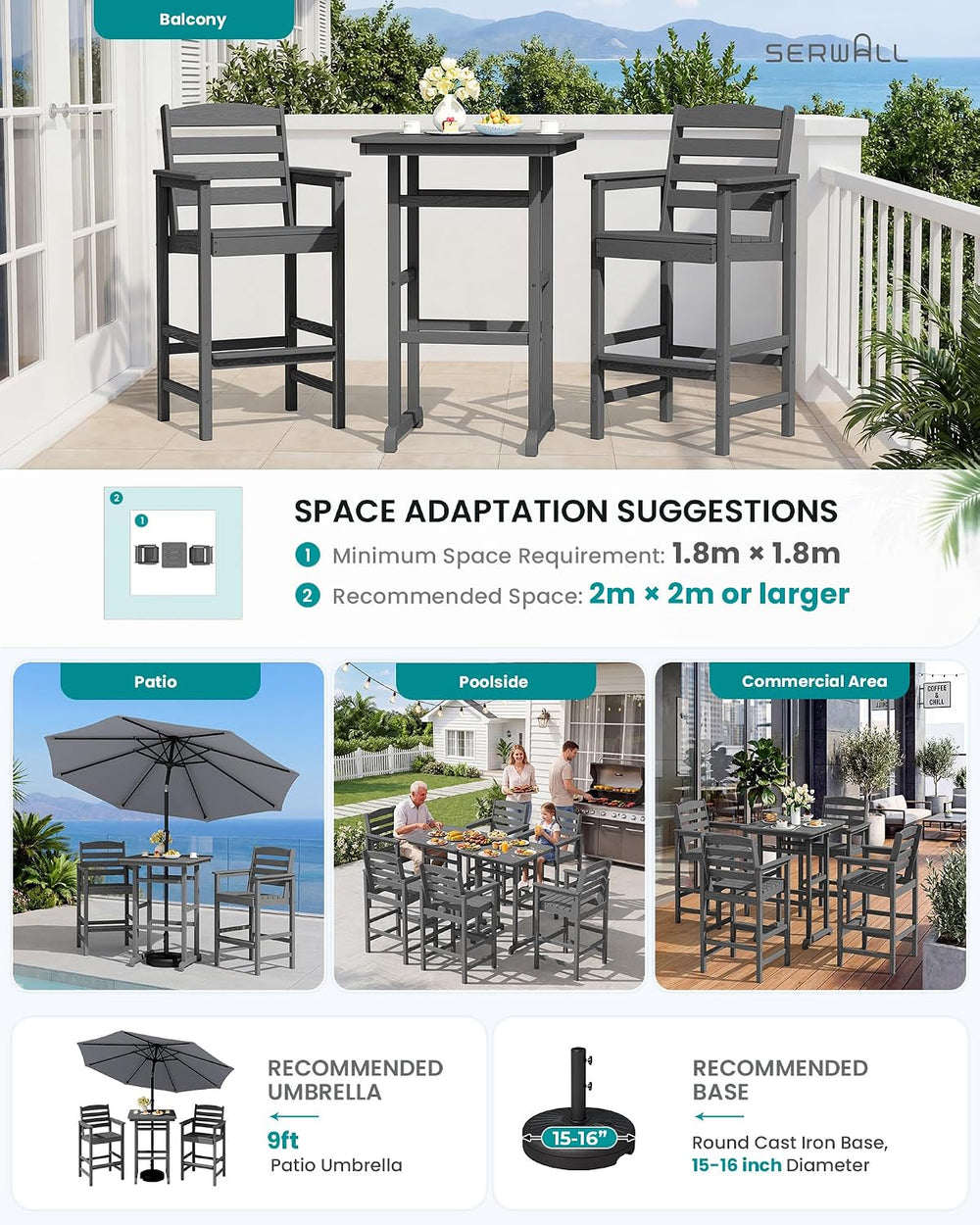 SERWALL 3 Pcs HDPE Bar Height Adirondack Chairs and Bar Table Set, Grey