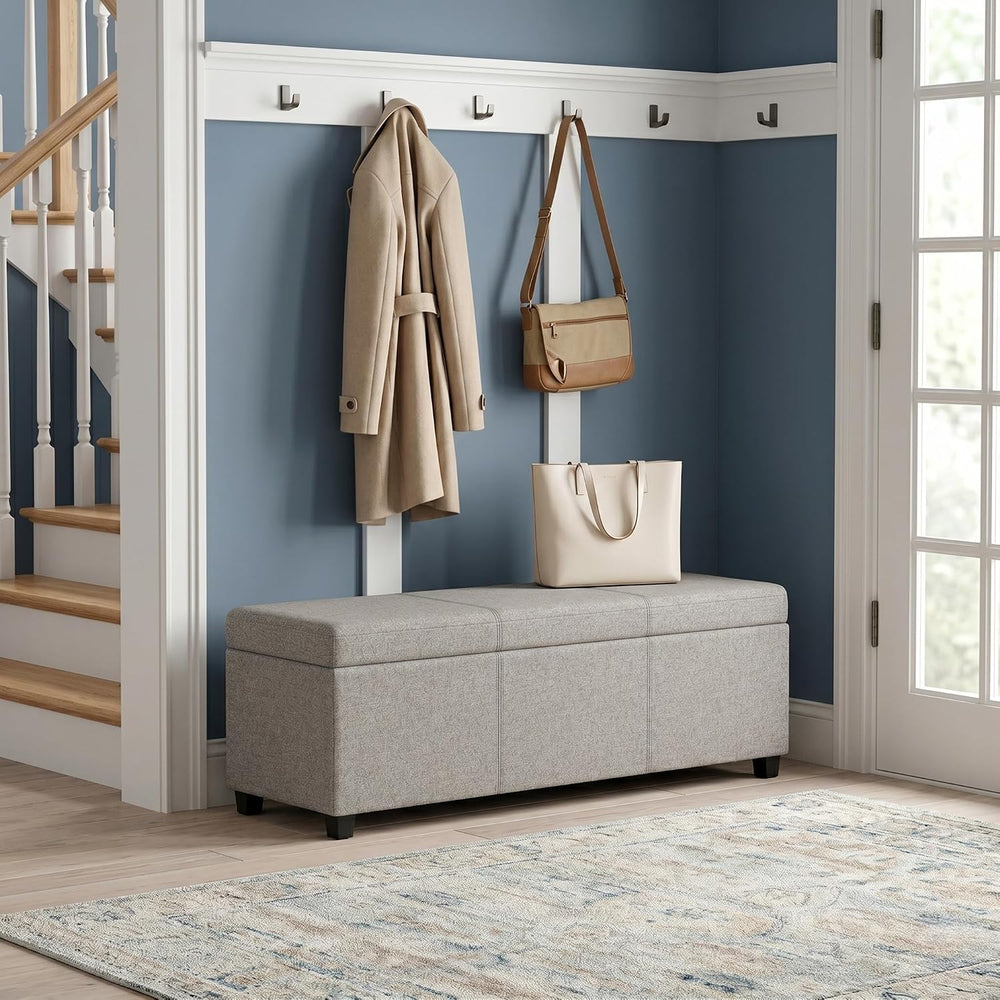 SIMPLIHOME Avalon 54" Wide Linen Look Fabric Storage Ottoman in Cloud Gr...