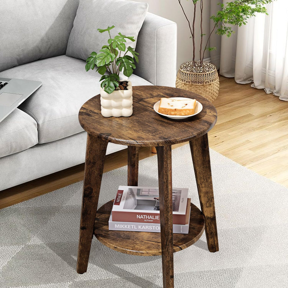 Small Round Side Table Wooden End Table with Lower Shelf Modern Nightstand Be...