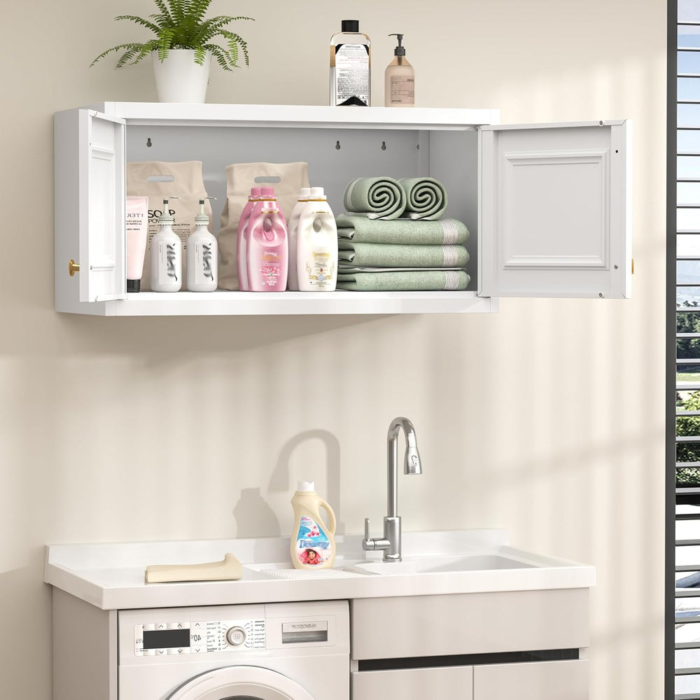 32" Wall Storage Cabinet with 2 Doors & Gold Handles | Black Metal, ...