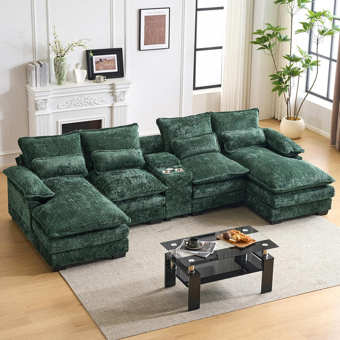 124.8'' U-Shaped Cloud Modular Sofa with Chaise Lounges, Chenille Comfy Sectional Couches for Living Room, Deep Seat Cloud Couch with Storage Console, USB & Type-C Ports, Cup Holders (Green)