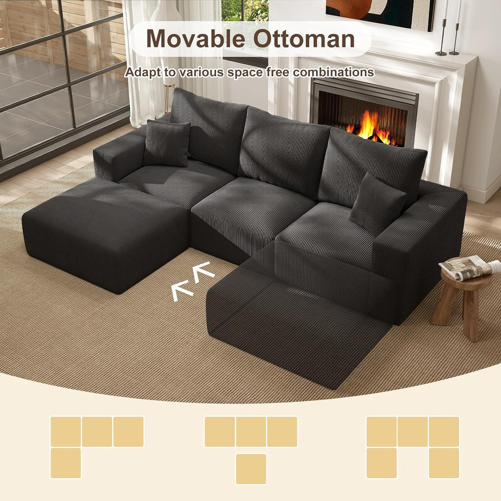 2 Square Cloud Footstool for Living Room, No Assembly Modular Corduroy Conver...