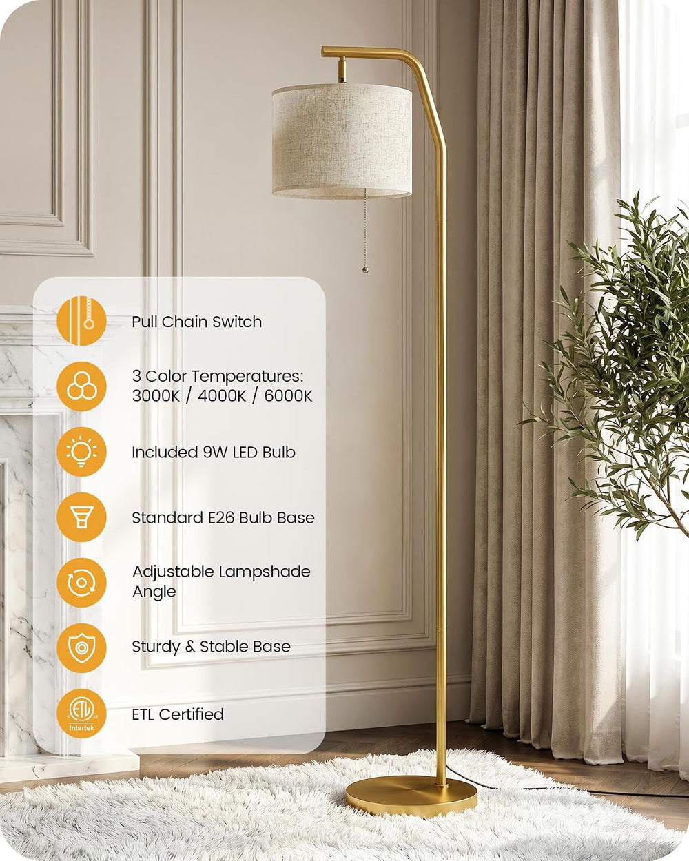 66.1" Tall Floor Lamps with 3 Color Temperatures Bulb & Adjustable L...