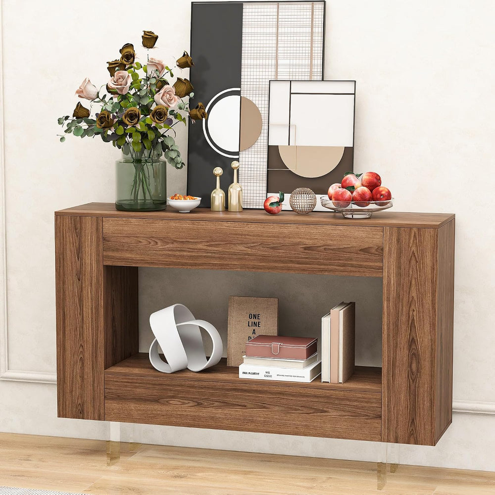 Entryway Table Console Table with Push-Open Doors, Woodgrain, Brown | Wood gr...