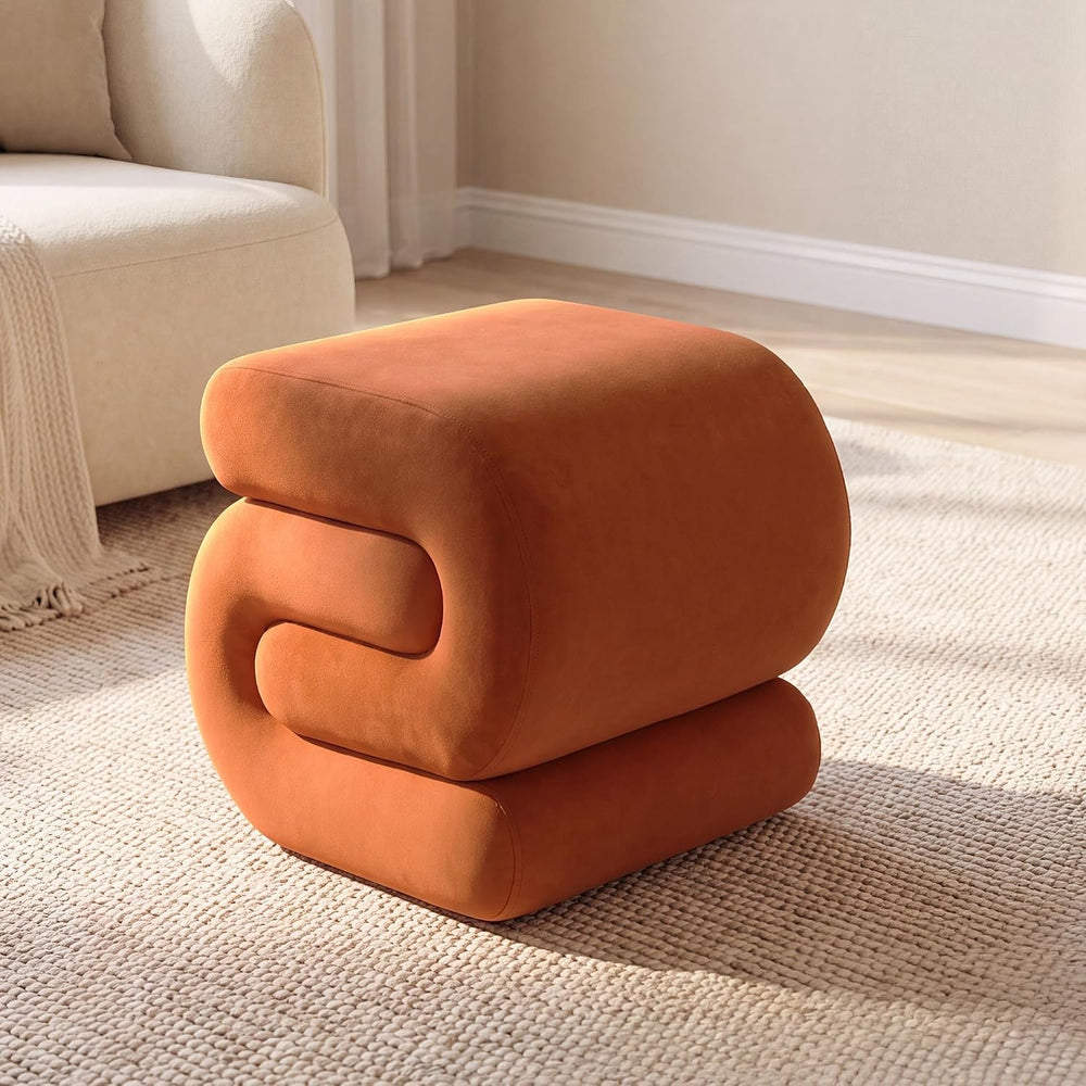 FOXHUNTER S Shape Modern Pouf Ottoman Vanity Stool, Velvet Orange | Footstool...