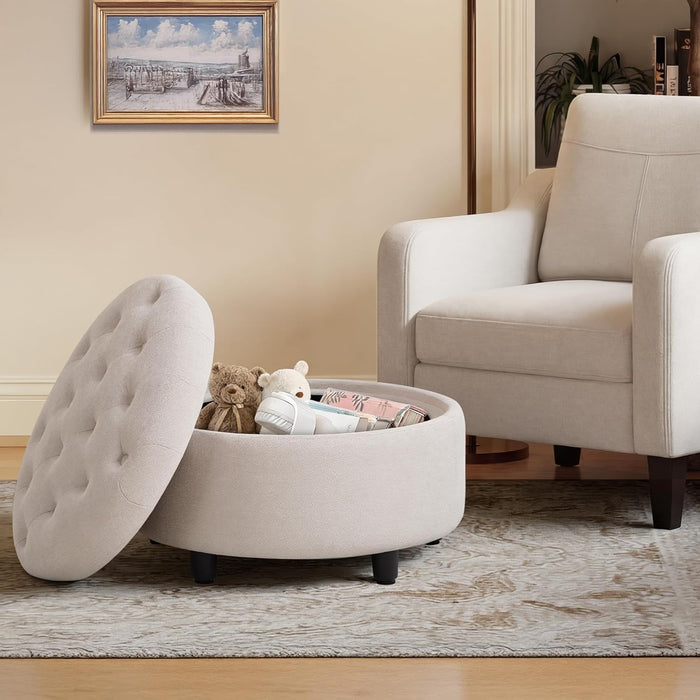 COLAMY Fabric Round Storage Ottoman with Reversible Tray Lid – Multi-Functional Footrest, Hidden Storage, Sturdy & Stylish Small Coffee Table for Living Room, Bedroom, or Entryway(Beige)