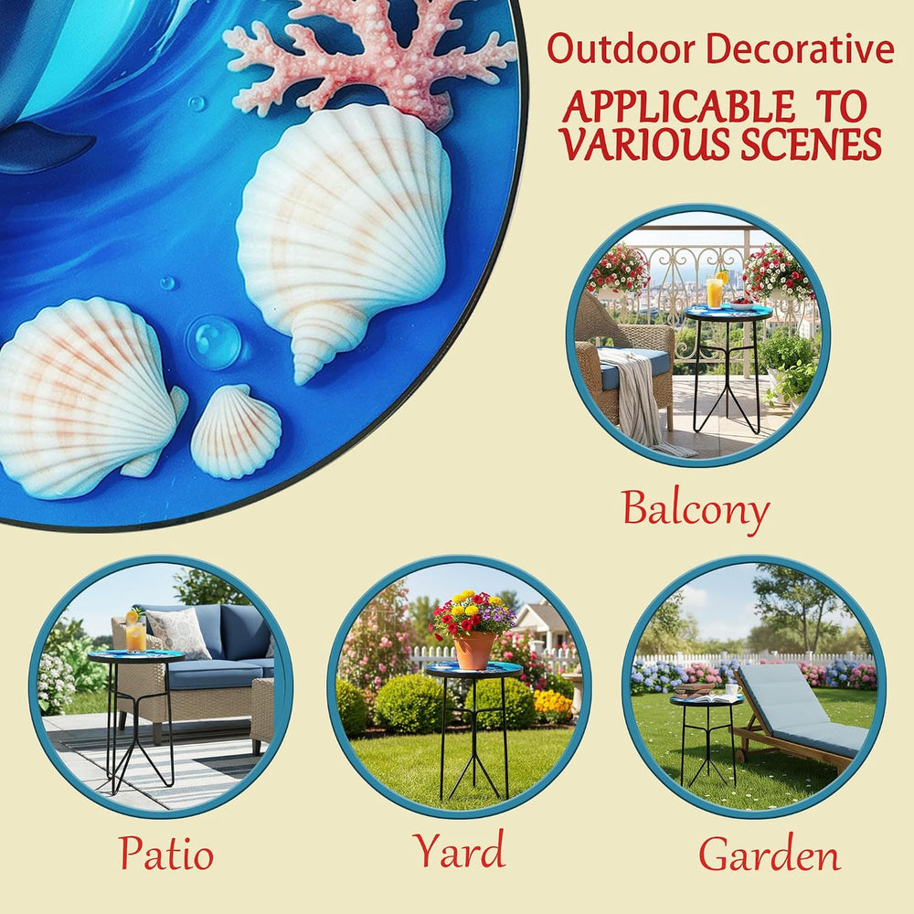 12 Inch Folding Outdoor Side Tea Table, Dolphin Shell Coral Small Accent Tabl...