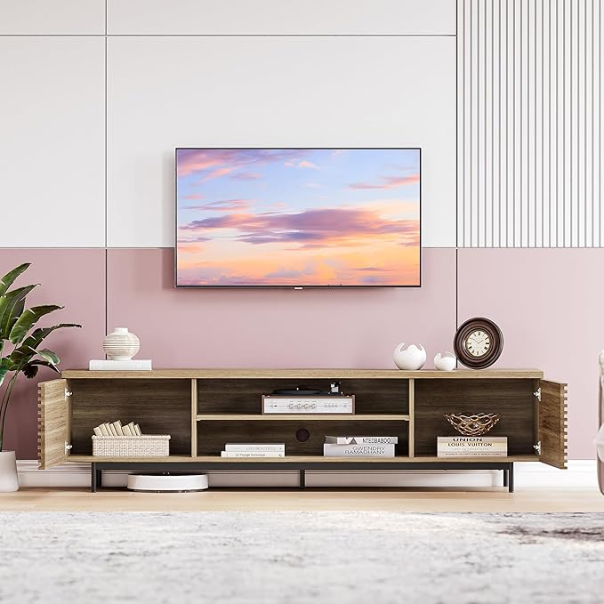 BELLEZE Fluted TV Stand for TV up to 75", Modern Entertainment Center wi...