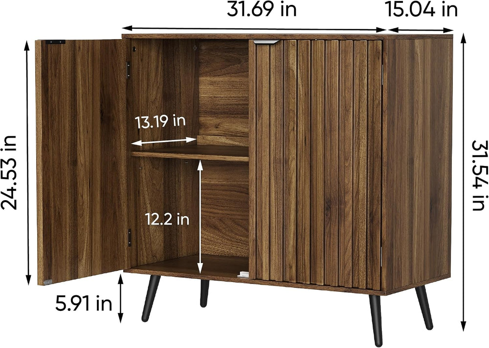 Walnut Buffet Cabinet with Storage, Sideboard Cabinet with Fluted Doors and M...