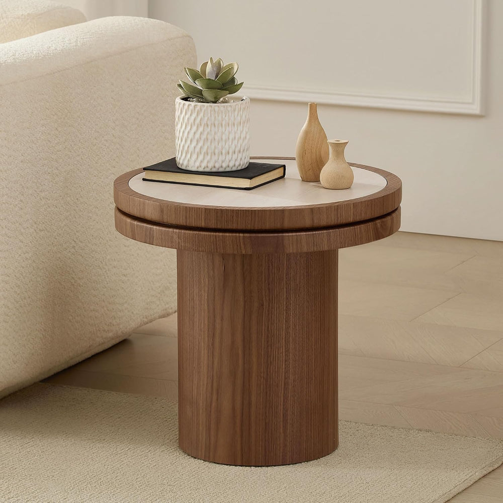 LKTART 19.49 Inch Round End Table with Sintered Stone Top, Mid-Century Modern...