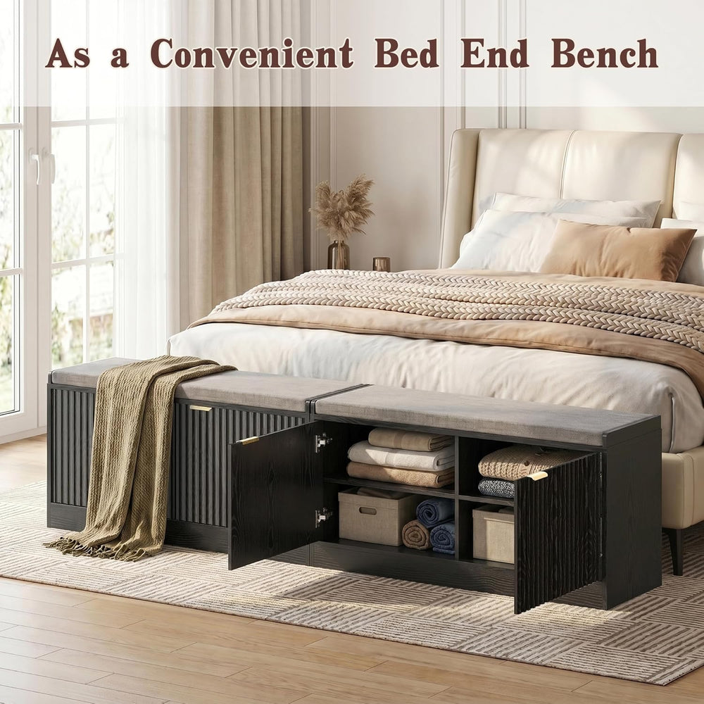 Fluted Shoe Storage Bench with Cushion, 2-Tier Entryway Shoe Bench with Adjus...