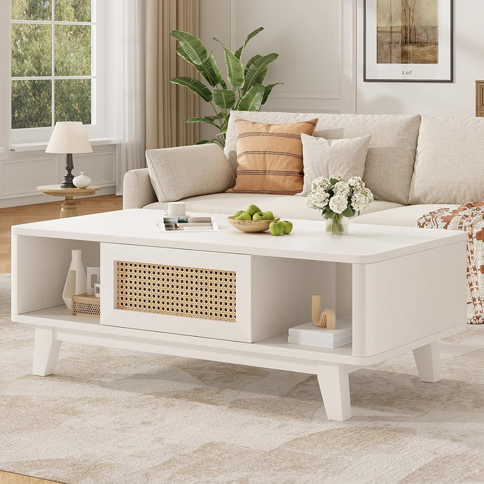 Soohow Coffee Table, Mid Century Living Room Tables with Storage, Modern Square with Rattan Drawer, Wooden Living Room Table with Solid Wood Leg