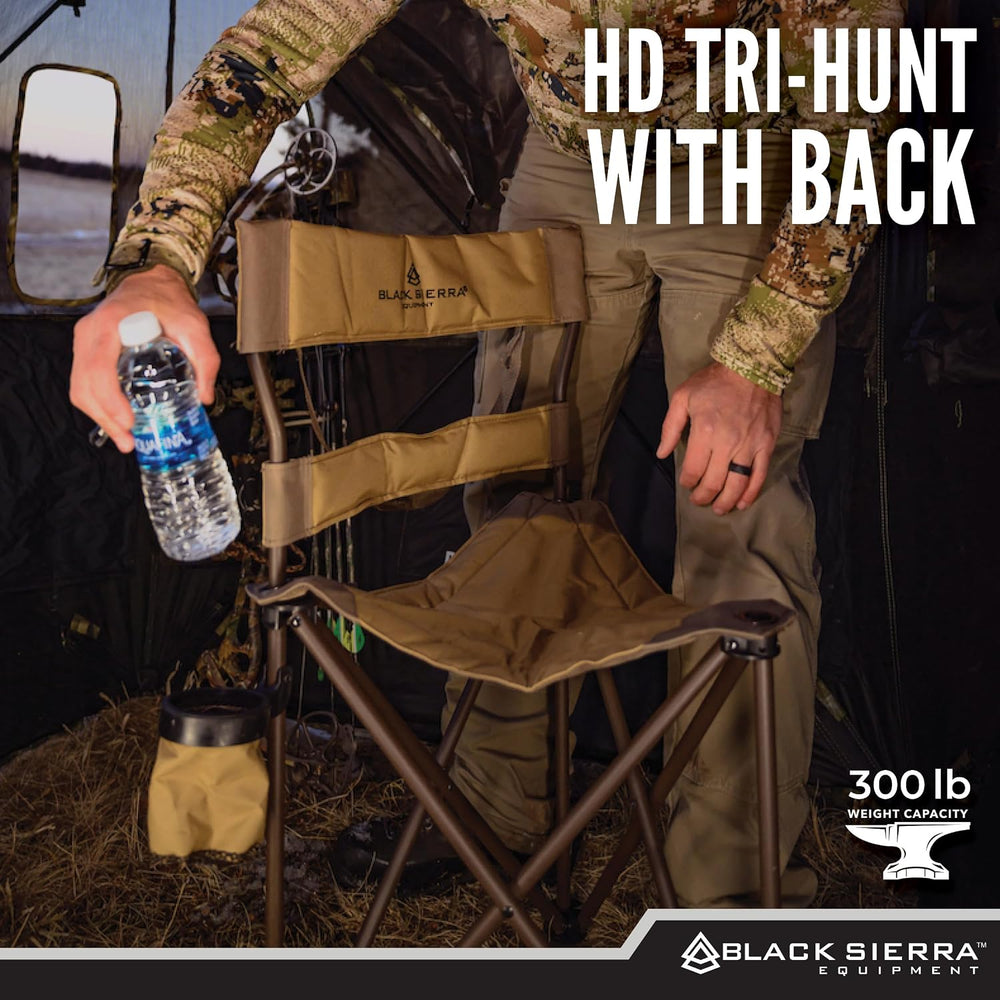 Black Sierra HD Tri-Hunt with Back Hunting Stool, Foldable Tripod Seat w/Stee...