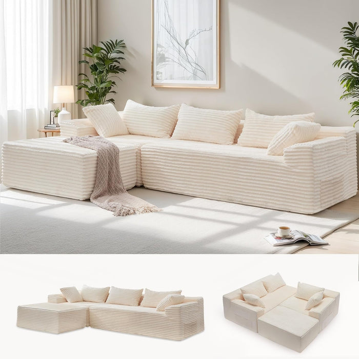 Korser 110" L-Shaped Modular Sectional Sofa with Chaise, Boneless Comfy Corduroy Fluffy Couch with Deep Seat and Side Pockets, Flexible Module Combination for Living Room, No Assembly, Side Pockets