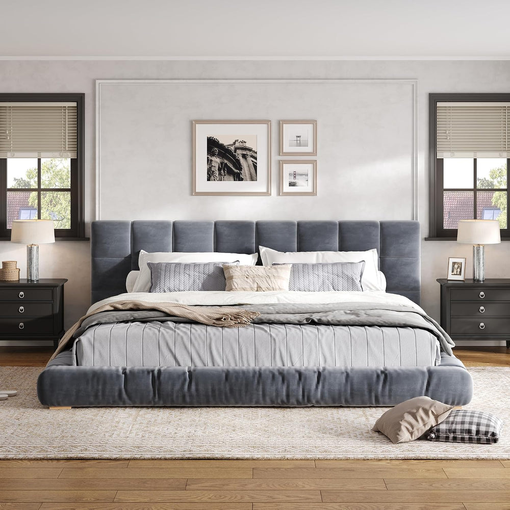 King Size Velvet Upholstered Low Profile Platform Bed with Channel Tufted Hea...