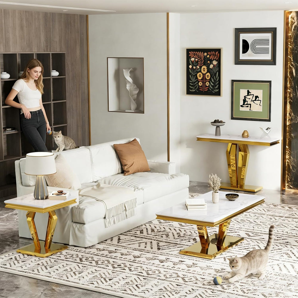 Asday White and Gold End Table for Living Room, Gold Modern End Table, 22 inc...