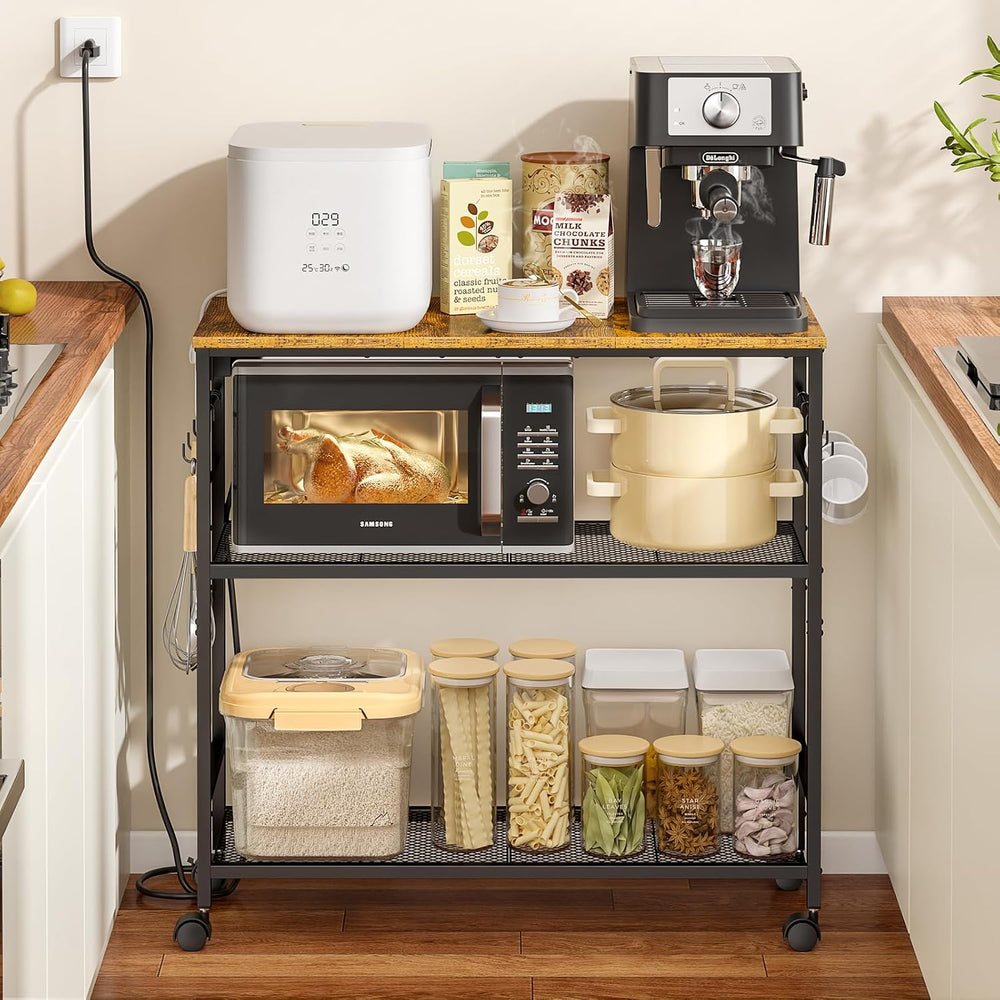 3 Tier Rolling Kitchen Microwave Cart with Power Outlet, 33 Inch Microwave Ta...