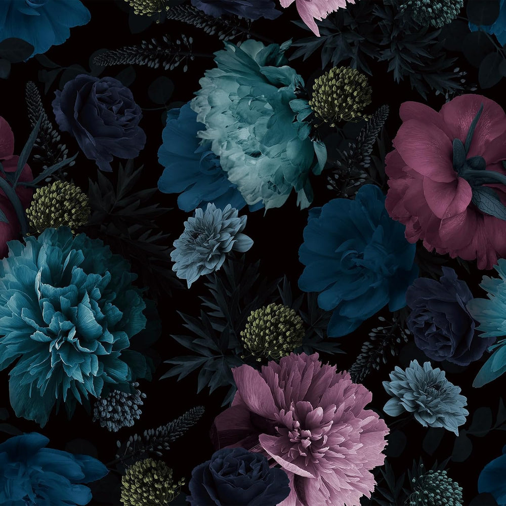 Livelynine 17.5x591" Black Floral Wallpaper Peel and Stick Moody Dark Vi...
