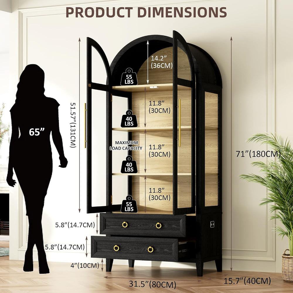 Vlsrka 71" Arched Curio Cabinet with Glass Doors, 4-Shelves Display Cabi...