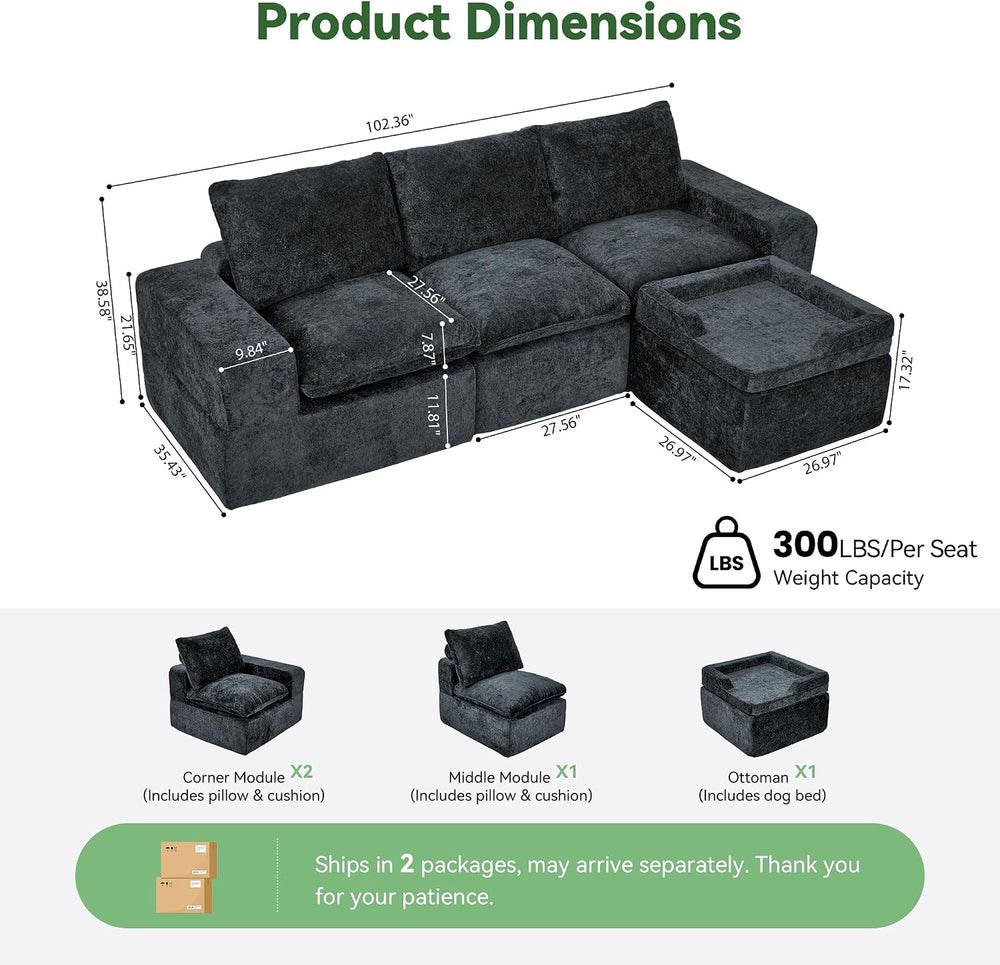 MONVANE 102" Modular Sectional Sofa, Oversized 4 Seat Convertible L Shap...
