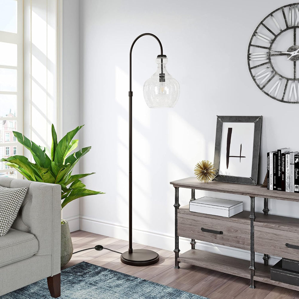 Henn&Hart Arc Floor Lamp with Glass Shade in Blackened Bronze/Seeded, Flo...