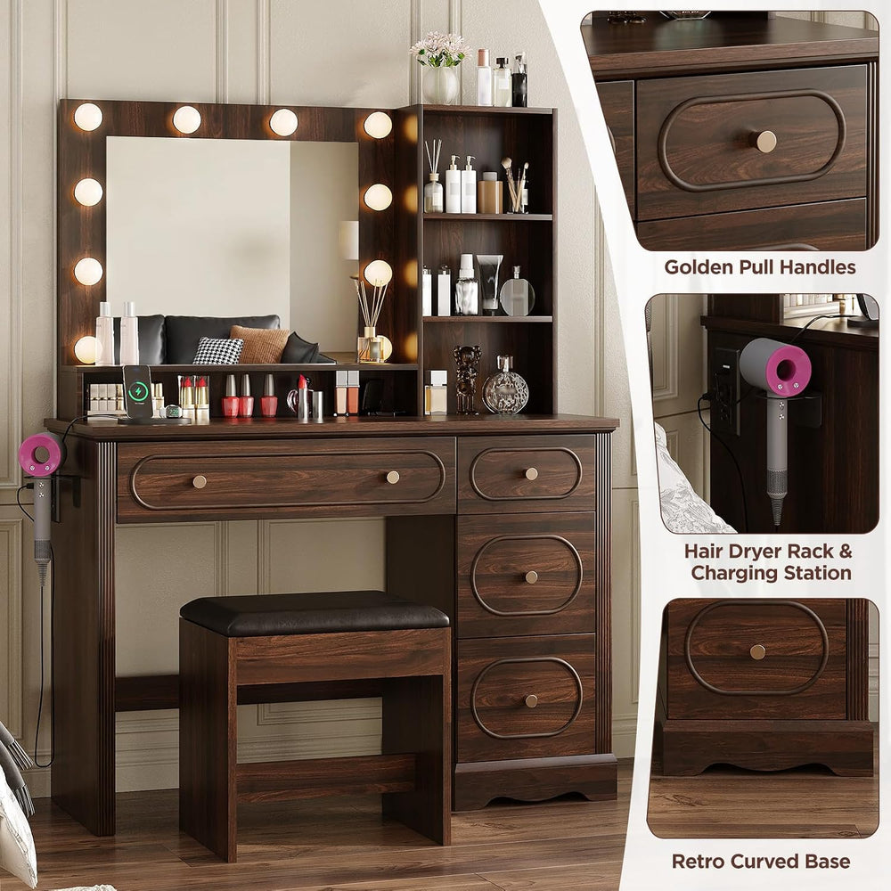 42" Walnut Brown Makeup Vanity Desk with Mirror & Lights & Charg...