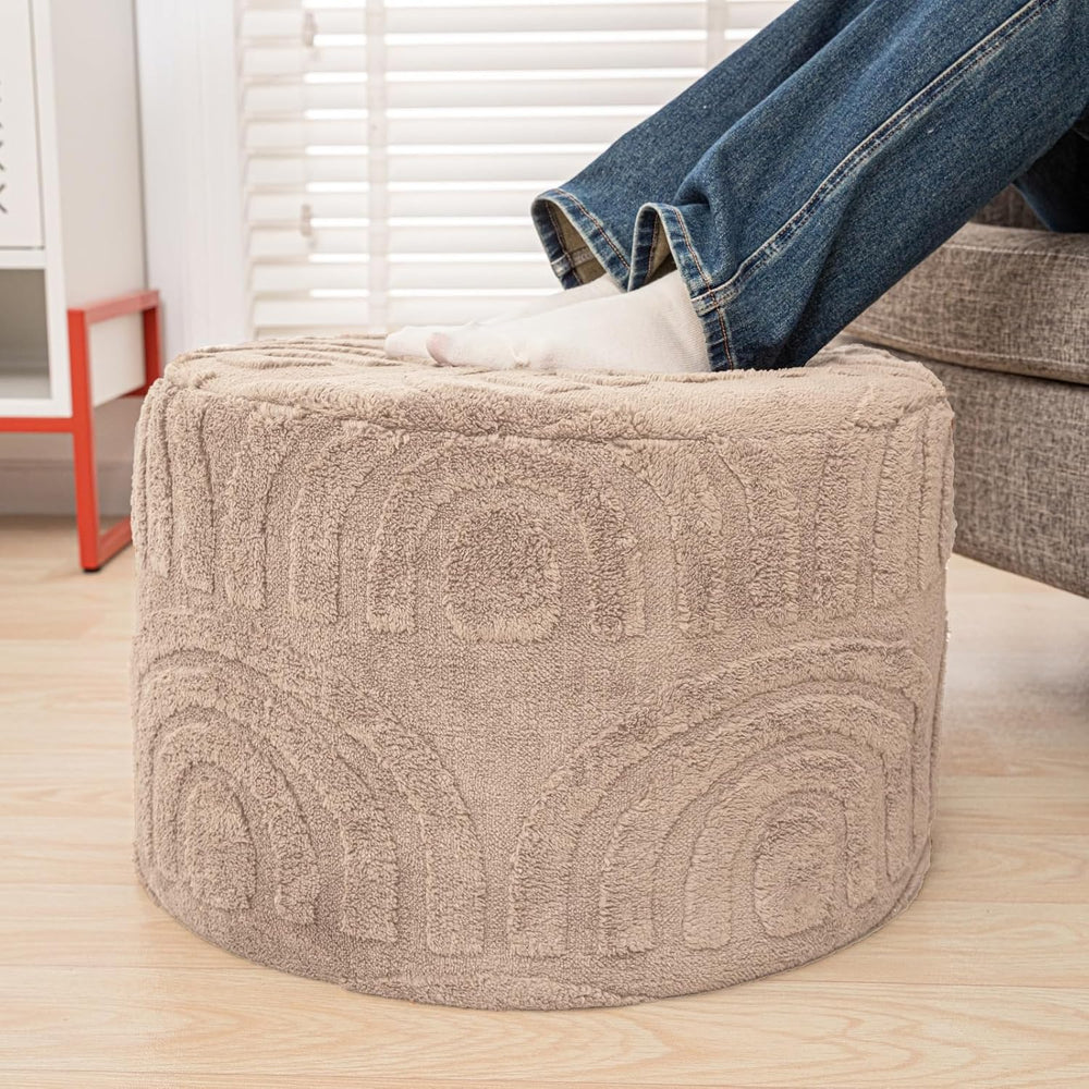 Round Ottoman Pouf Foot Stool, Khaki, 20x14 In,Hassock,Sofa Couch Foot Rest |...