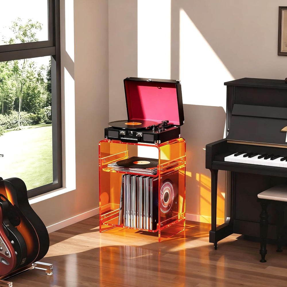 Acrylic Record Player Table with Storage Shelf, Clear Side Table Nightstand (...