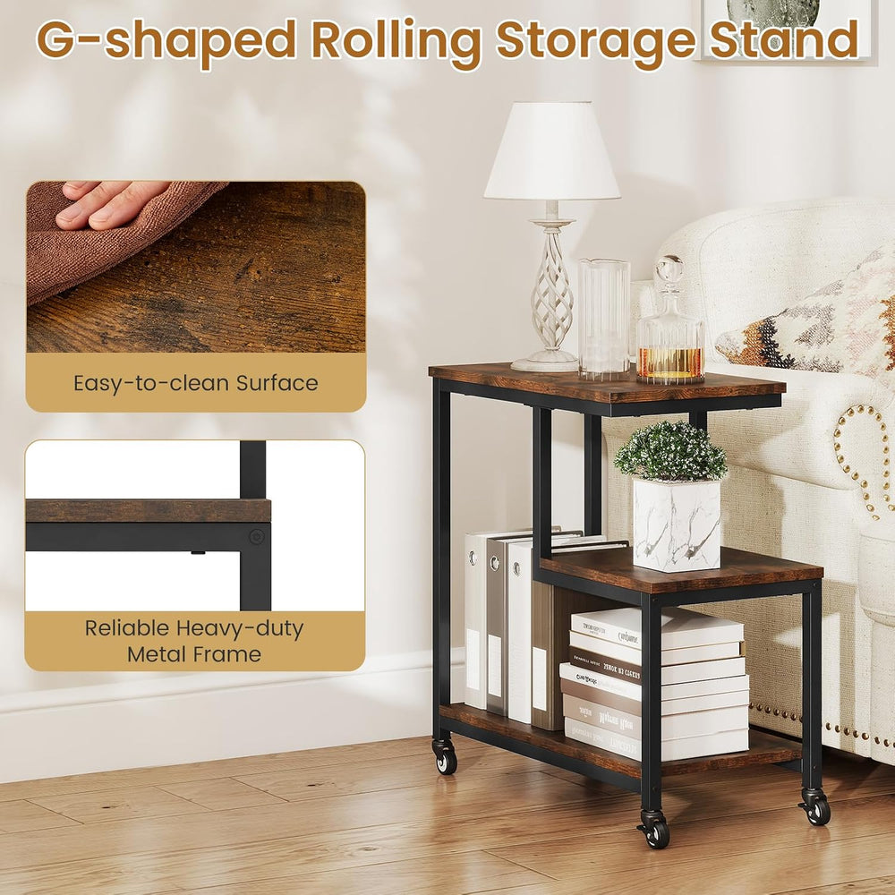GOFLAME G-Shaped End Table, 3-Tier Sofa Side Table with Wheels, Open Shelves,...