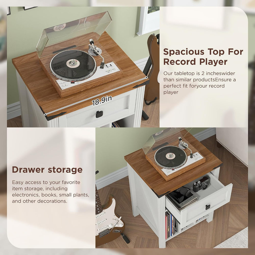 Farmhouse Record Player Stand with Vinyl Record Storage, End Table with Charg...