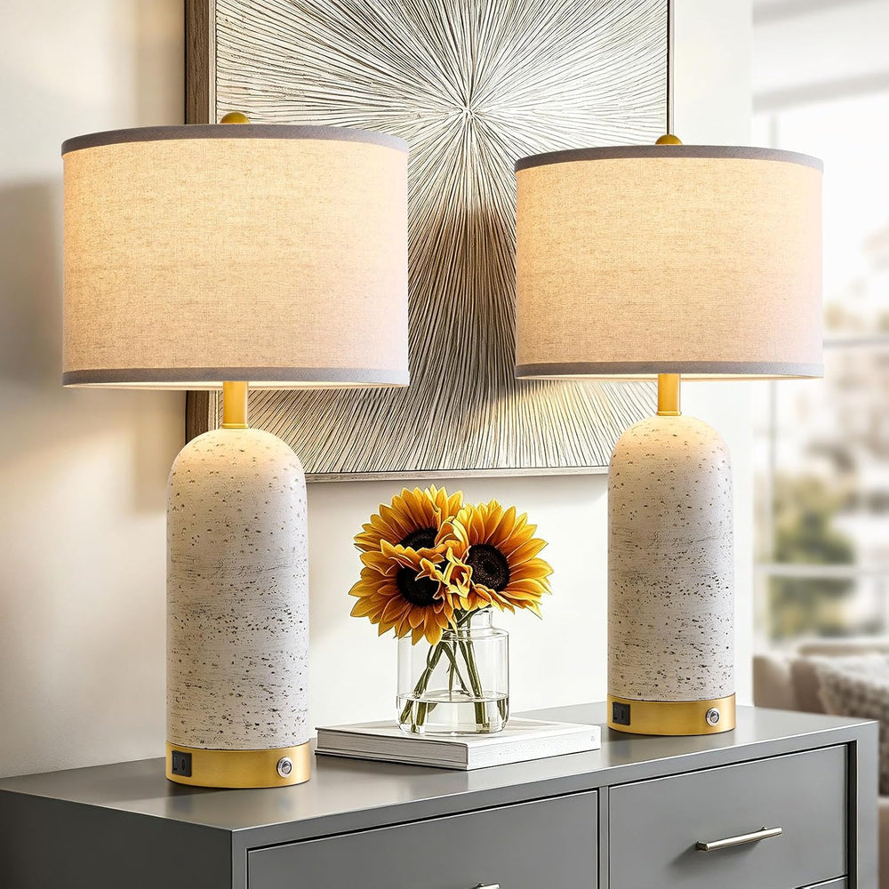 RORIA 25" Set of 2 Touch Rustic Table Lamps for Living Room and USB A+C