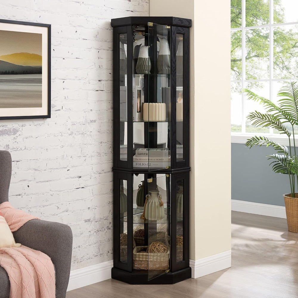 Corner Curio Cabinet, 70" H Lighted Glass Display Cage with Tempered Gla...