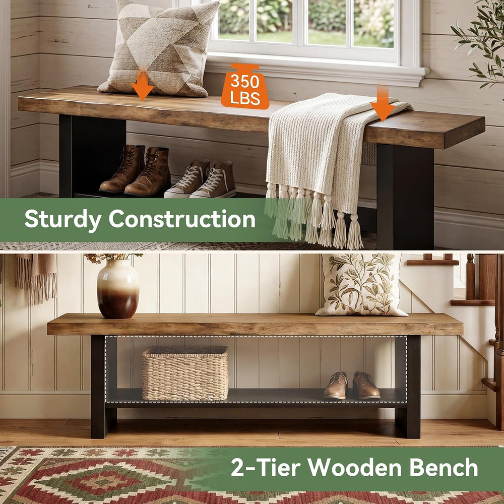 55" Solid Wood Bench with Shoe Storage, 2-Tier Farmhouse Entryway Bench,...