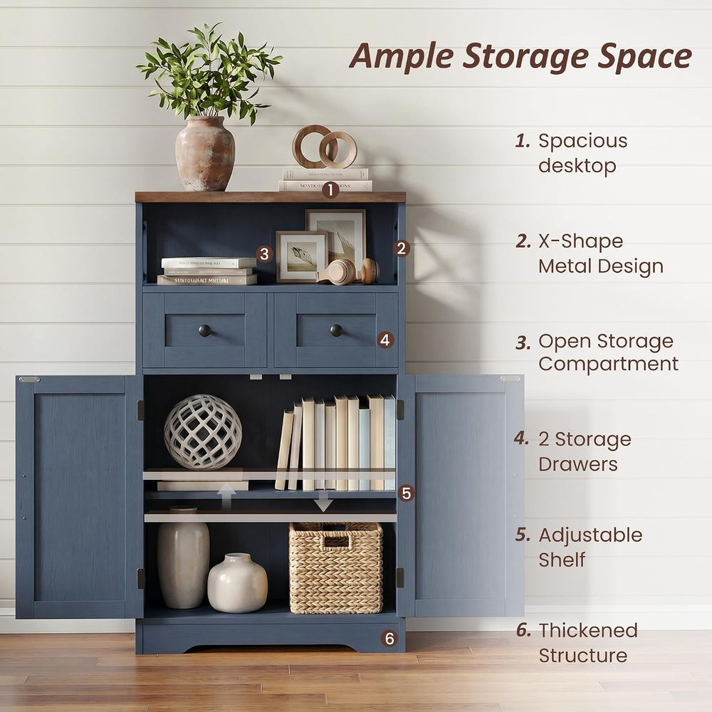 Farmhouse Storage Cabinet with Drawers, Small Kitchen Pantry Cabinet, Blue