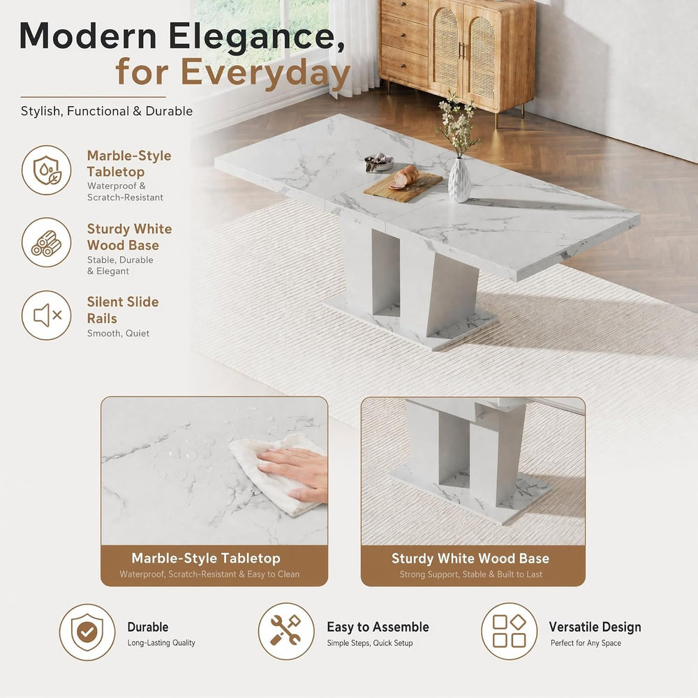 HomVent White Faux Marble Expandable Dining Table Set for 6 | 63"-79&quo...