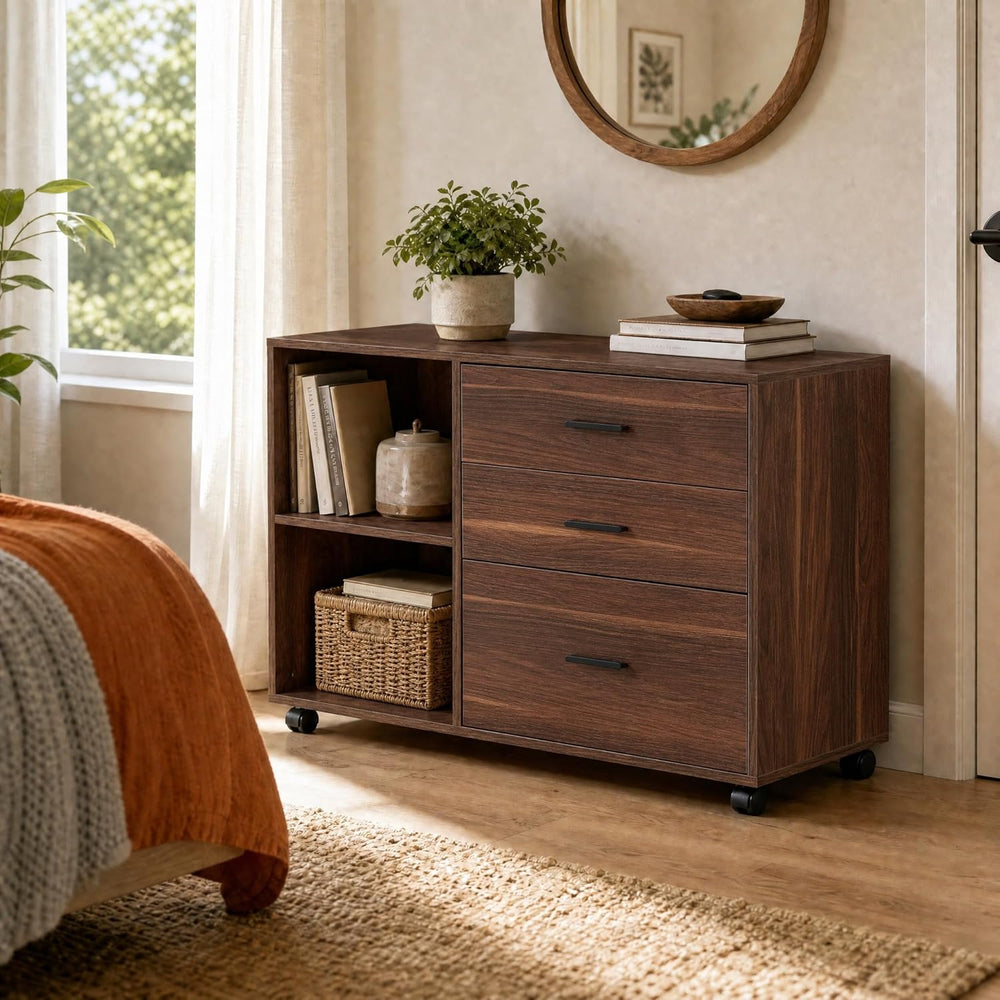 Tribesigns 39 in. Wooden Filing Cabinet with Open Storage Shelves and 3 Drawe...