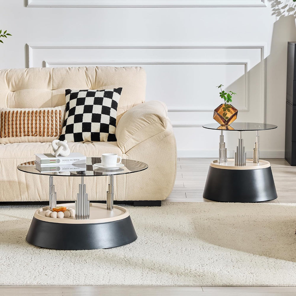 Nesting Coffee Table Set of 2, Modern Round Tempered Glass Center Table | Mod...