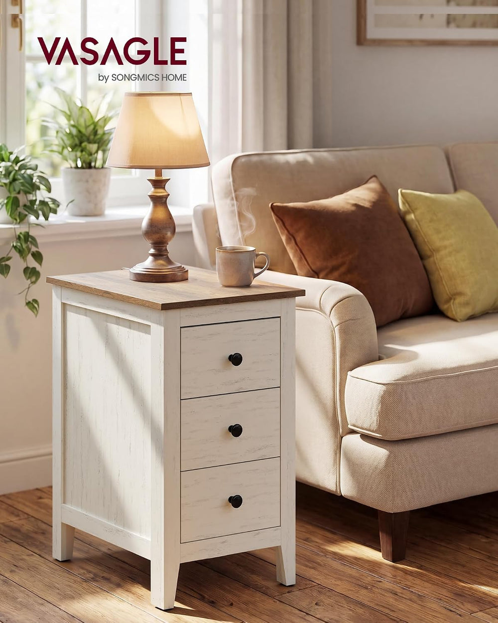 VASAGLE Side End Table with 3 Storage Drawers, Nightstand Farmhouse