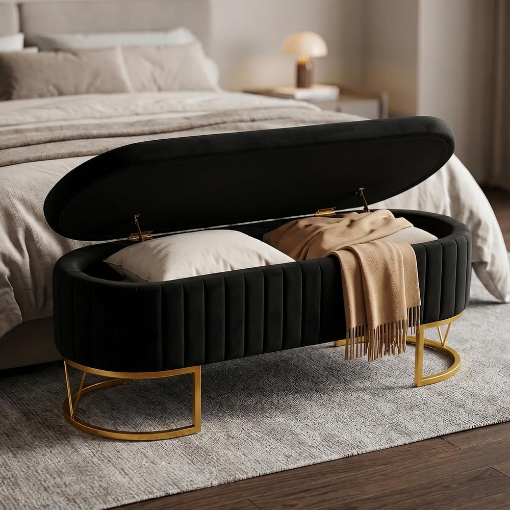 Storage Bench Bedroom Bench, Velvet Oval Upholstered End of Bed Bench with Go...