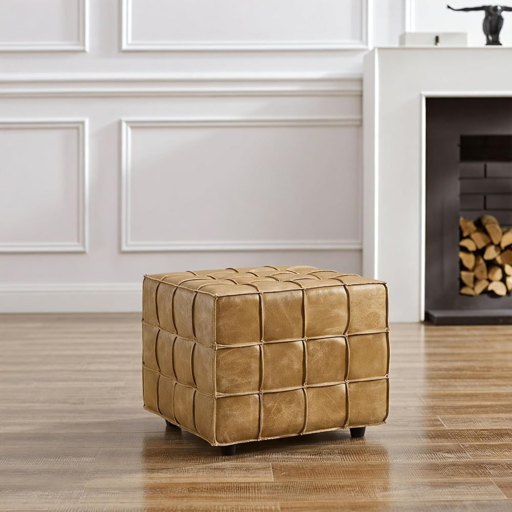 Art Leon Tufted Square Ottoman Leather Footstool Foot Rest Light Brown | Bisc...