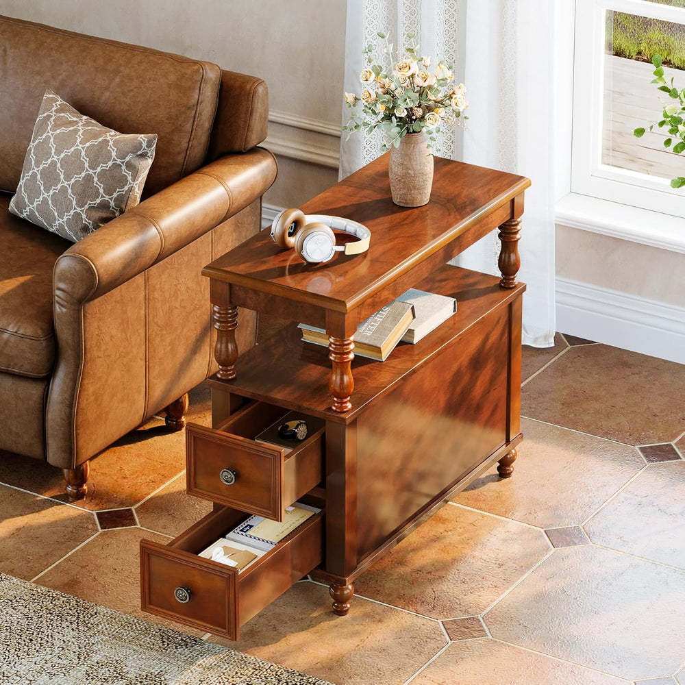 Tribesigns Cherry Finish Wood End Table with 2 Drawers, Mid-Century Wooden Sl...