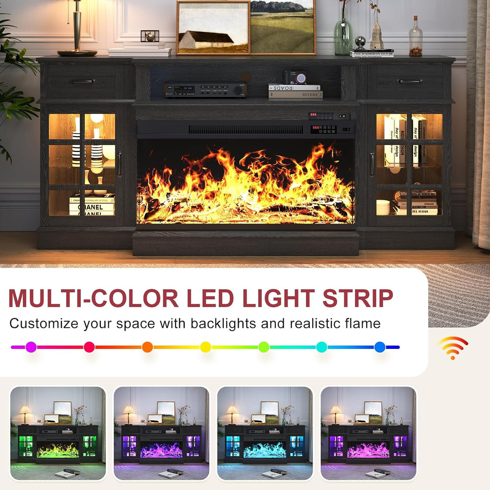 oneinmil 70" Fireplace TV Stand with 3-Sided Glass Fireplace, Modern Woo...