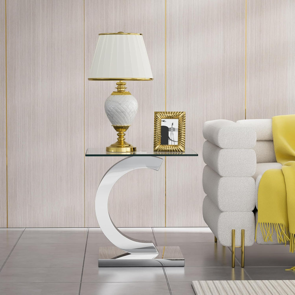 Luxury Silver Glass End Table,Sqaure Sofa Side Table with Shiny Mirrored C-Sh...