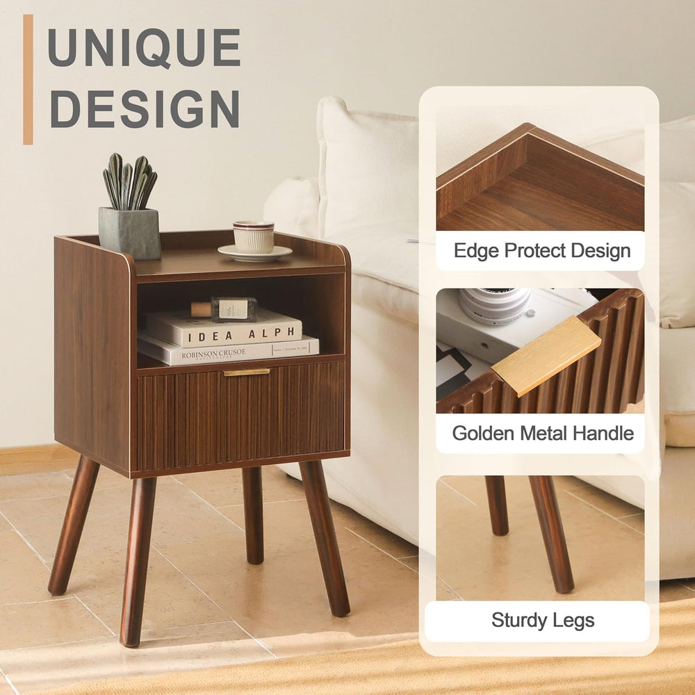 Night Stand, Mid Century Modern Nightstand with Fluted Drawers and Open Shelf...