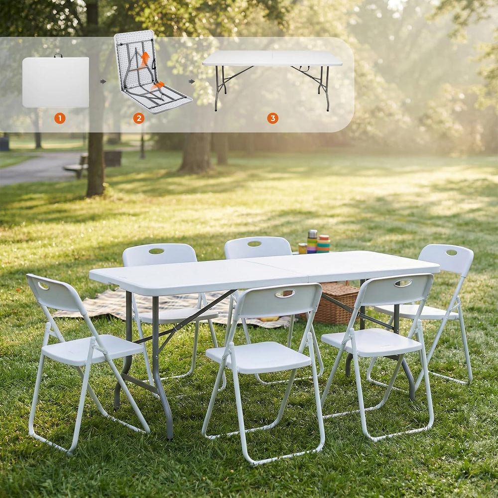 Folding Table and Chairs Set, 6 Foot Foldable Long Plastic Table with 6 Plast...